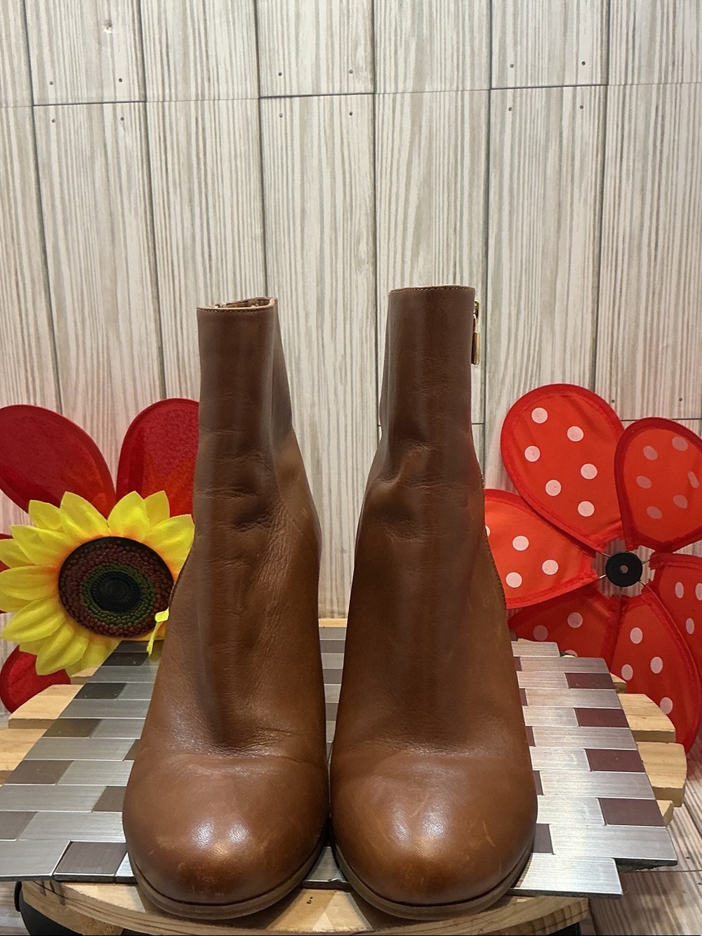 Michael Kors Brown Leather Ankle Booties with Side Zip